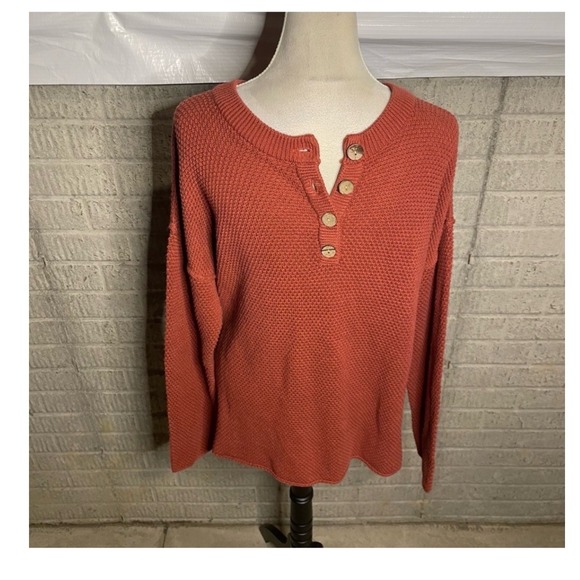 Sweaters - Womens Textured Knit Henley Sweater Rust Orange Long Sleeve Size XL